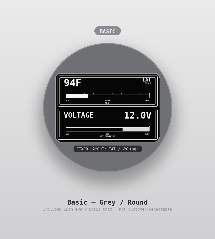AUTO GAUGE Basic tier, round shape, grey — custom OBD2 display