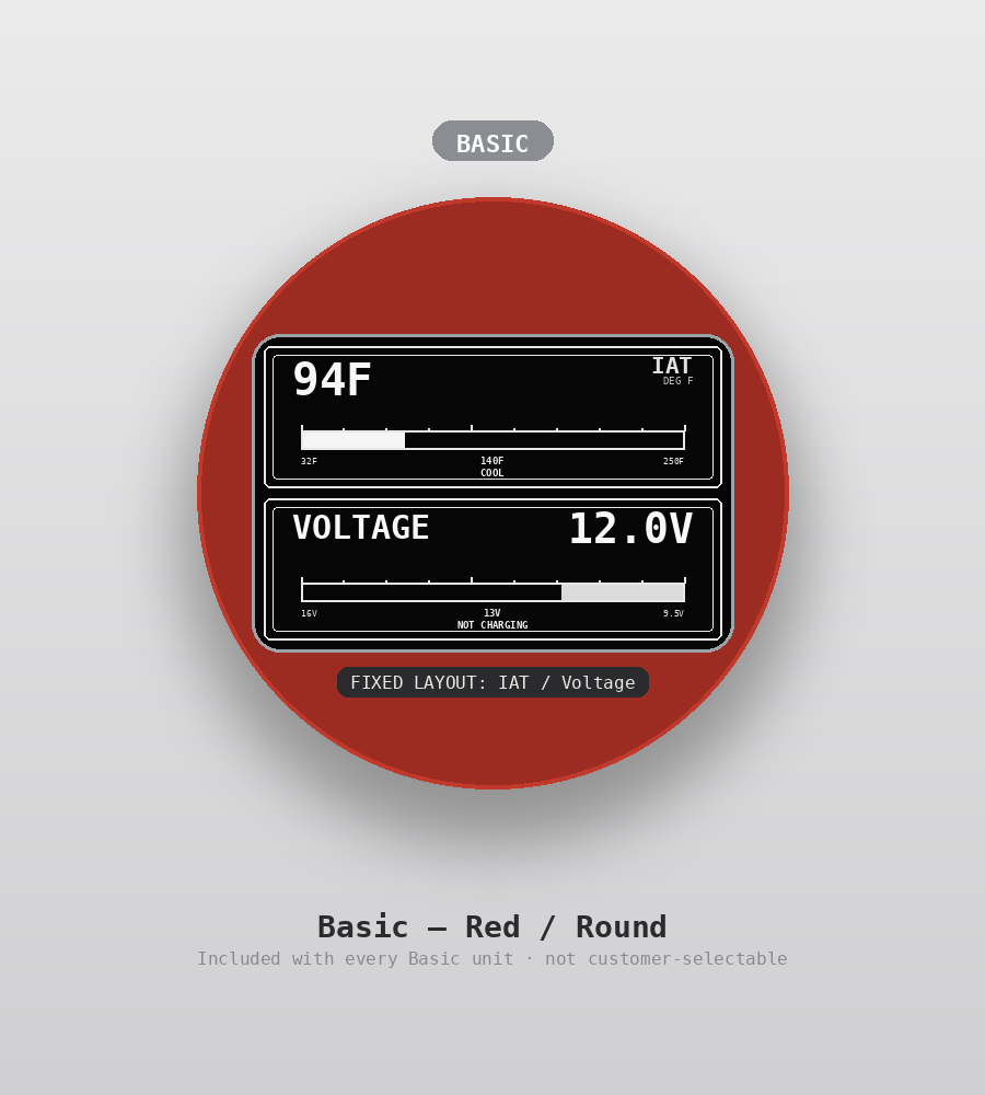 AUTO GAUGE Basic tier, round shape, red — custom OBD2 display