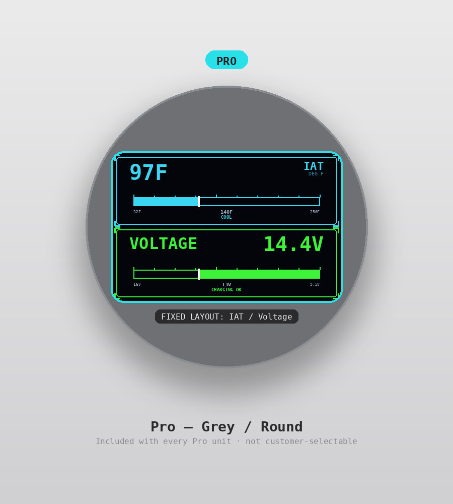 AUTO GAUGE Pro tier, round shape, grey — custom OBD2 display