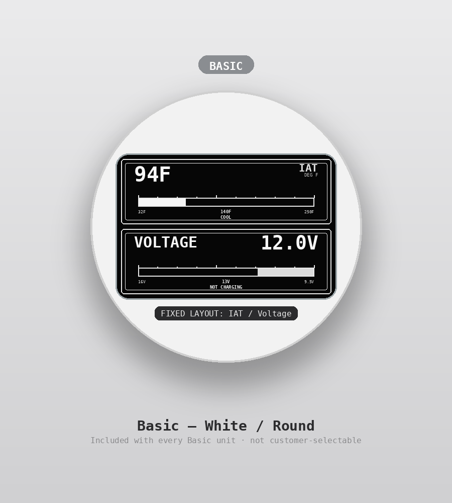 AUTO GAUGE Basic tier, round shape, white — custom OBD2 display