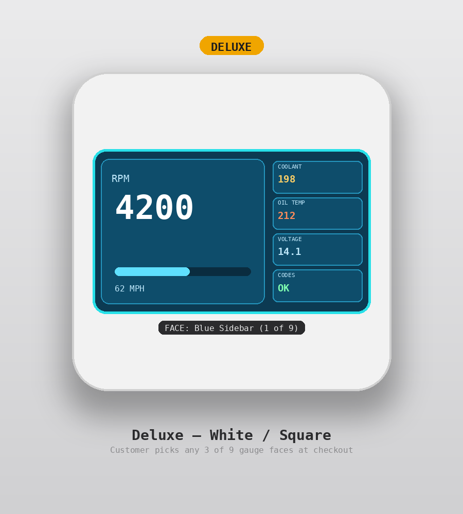 AUTO GAUGE Deluxe tier, square shape, white — 4.3 inch touchscreen custom OBD2 display