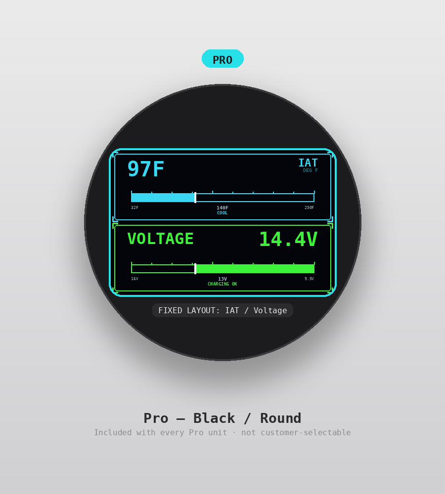 AUTO GAUGE Pro tier, round shape, black — custom OBD2 display